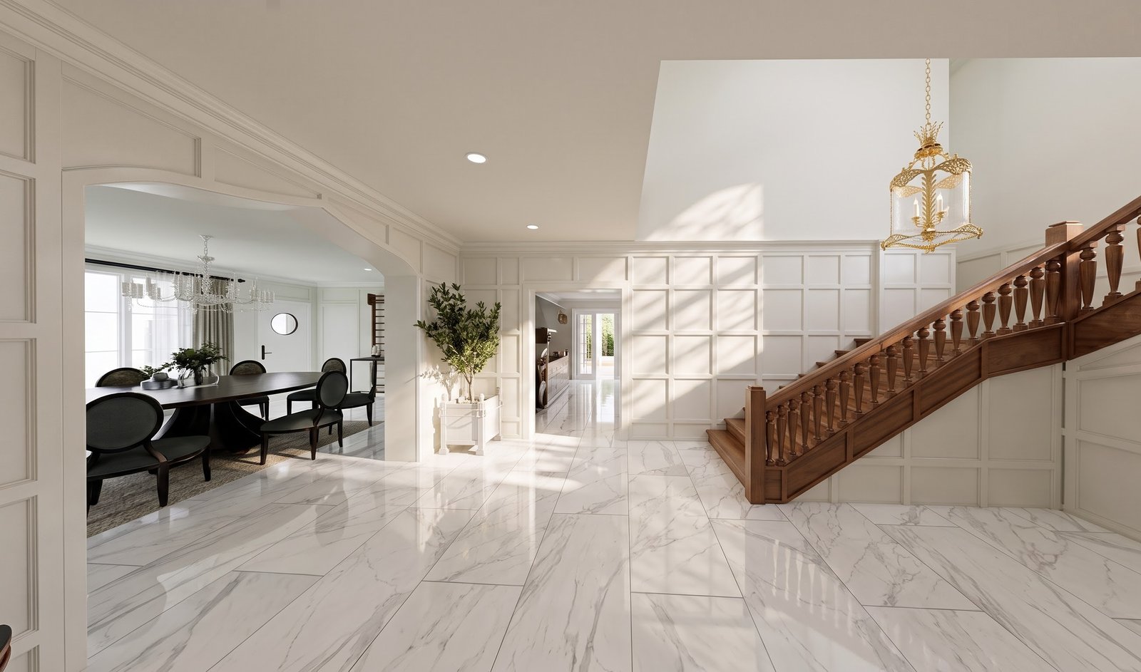 360 panorama of a luxury villa entrance foyer with grand staircase interior