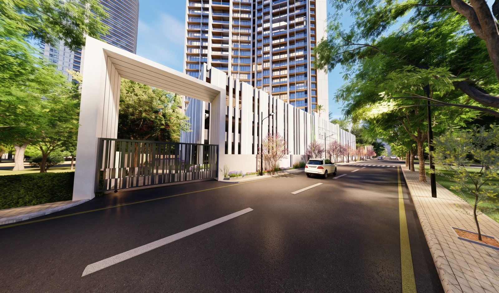Luxury high-rise residential entrance boulevard 3D rendering — click to watch the panoramic virtual tour