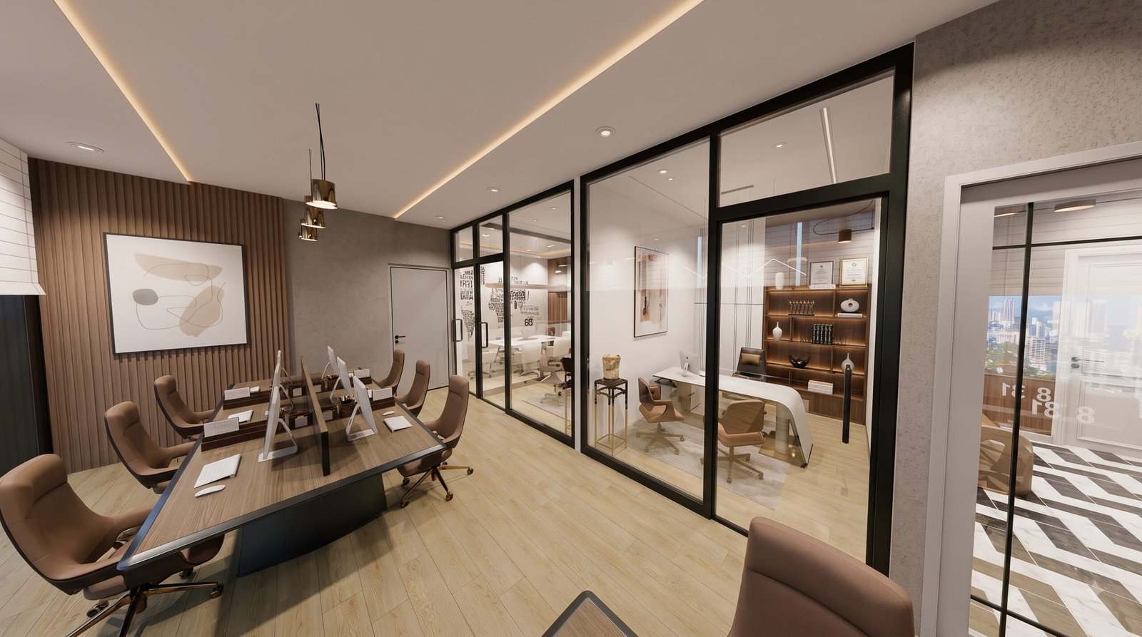 Modern executive office interior design, click to explore the 360 degree virtual tour by Yantram Studio