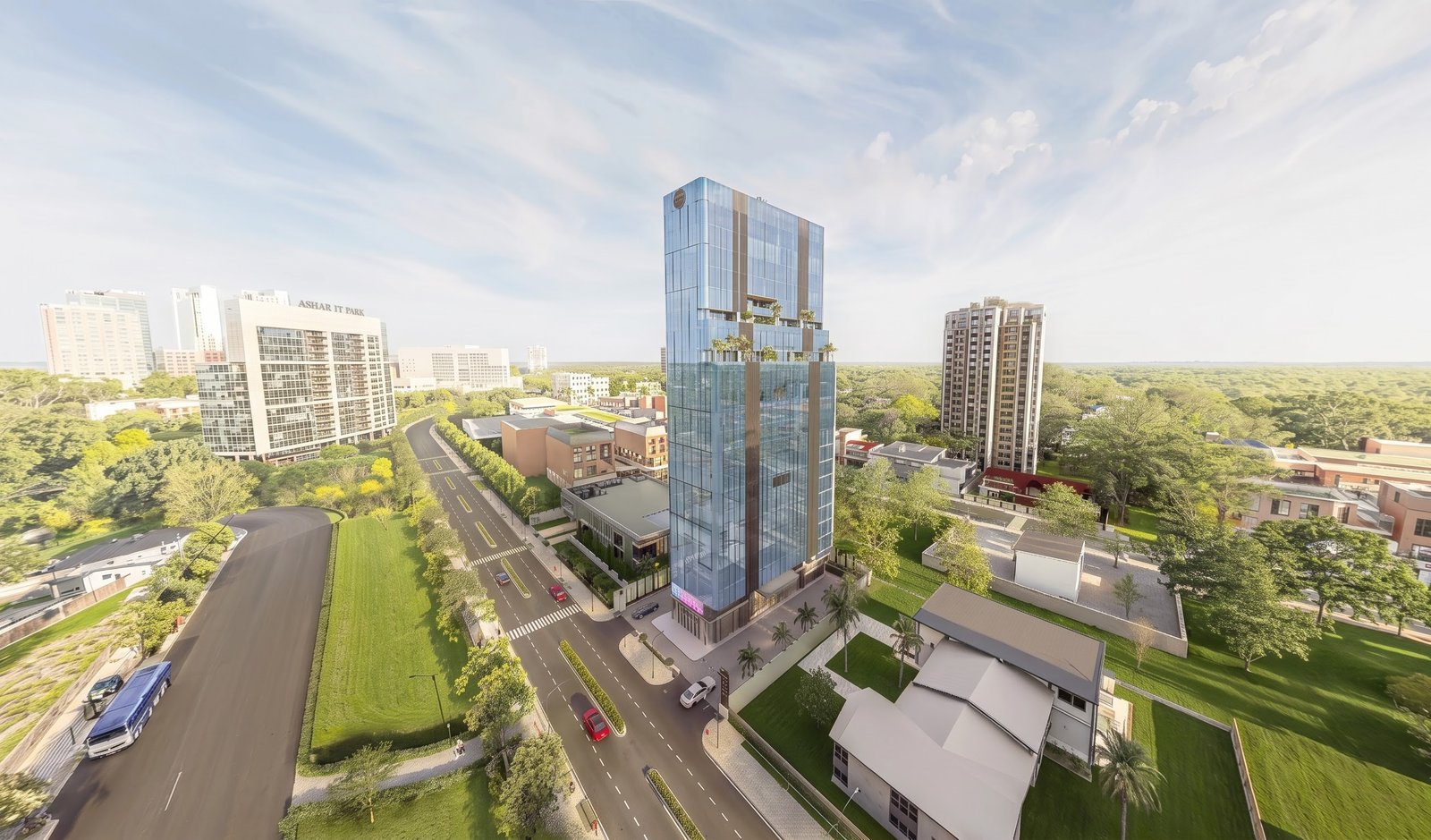 360 panorama aerial view of a modern glass office tower