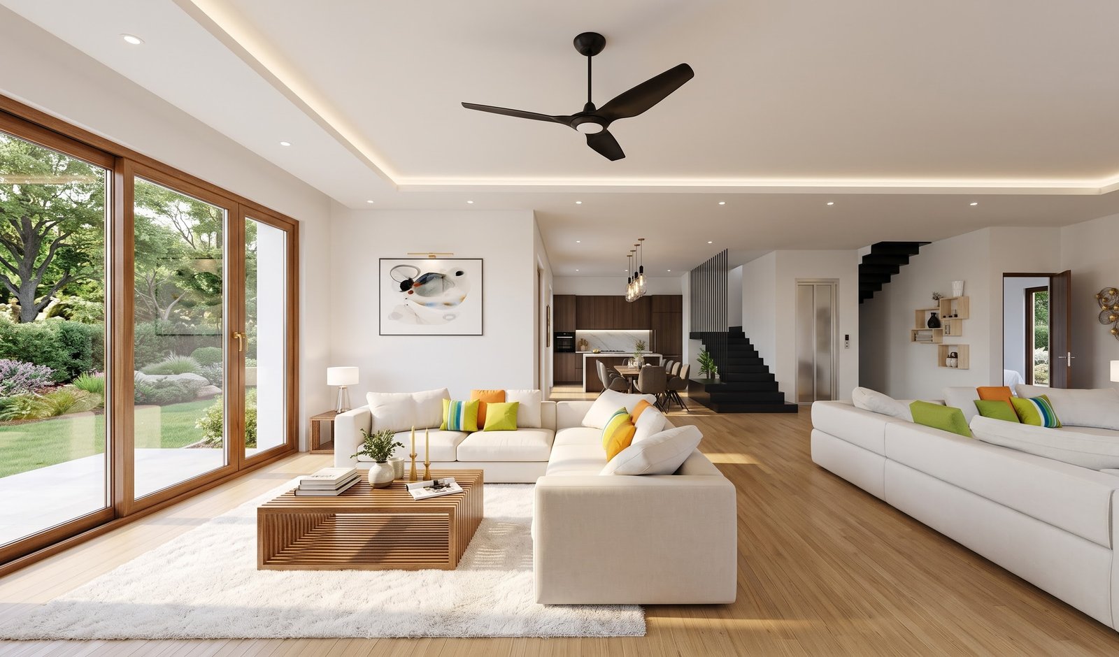 360 panorama of a modern luxury open plan living room interior with garden view