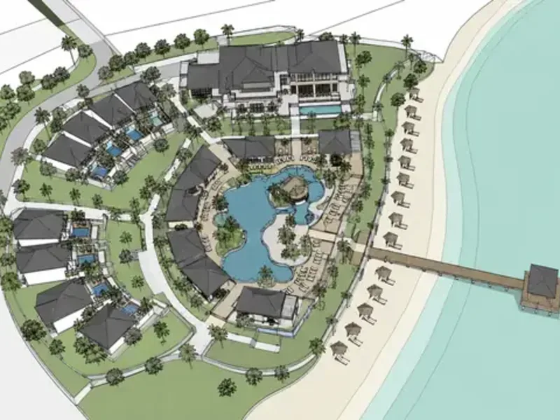 Aerial bird view 3D rendering of a luxury island resort masterplan in the USA