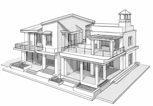 SketchUp 3D architectural model of a building before texturing and rendering