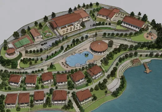 Aerial bird view 3D rendering of a luxury island resort masterplan