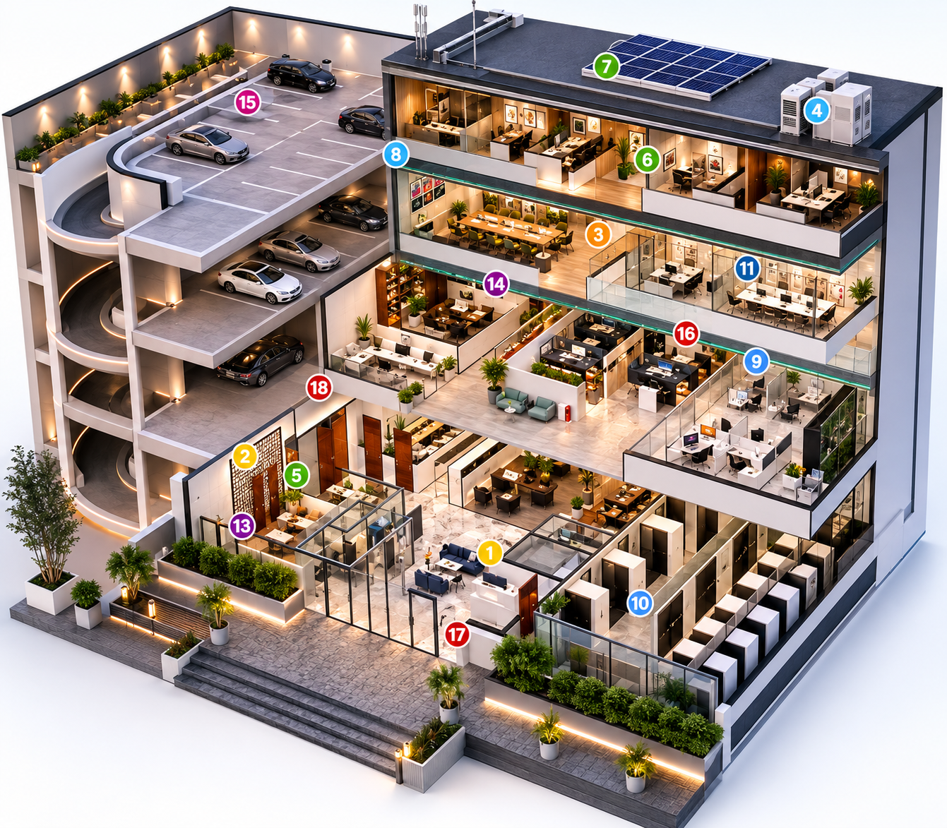 3D cutaway floor plan of a commercial office showing workstations, cabins and meeting room zoning