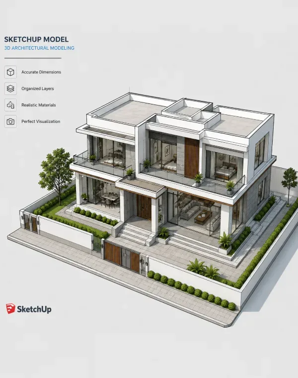 Fully textured SketchUp model with materials, glazing and landscaping ready for rendering