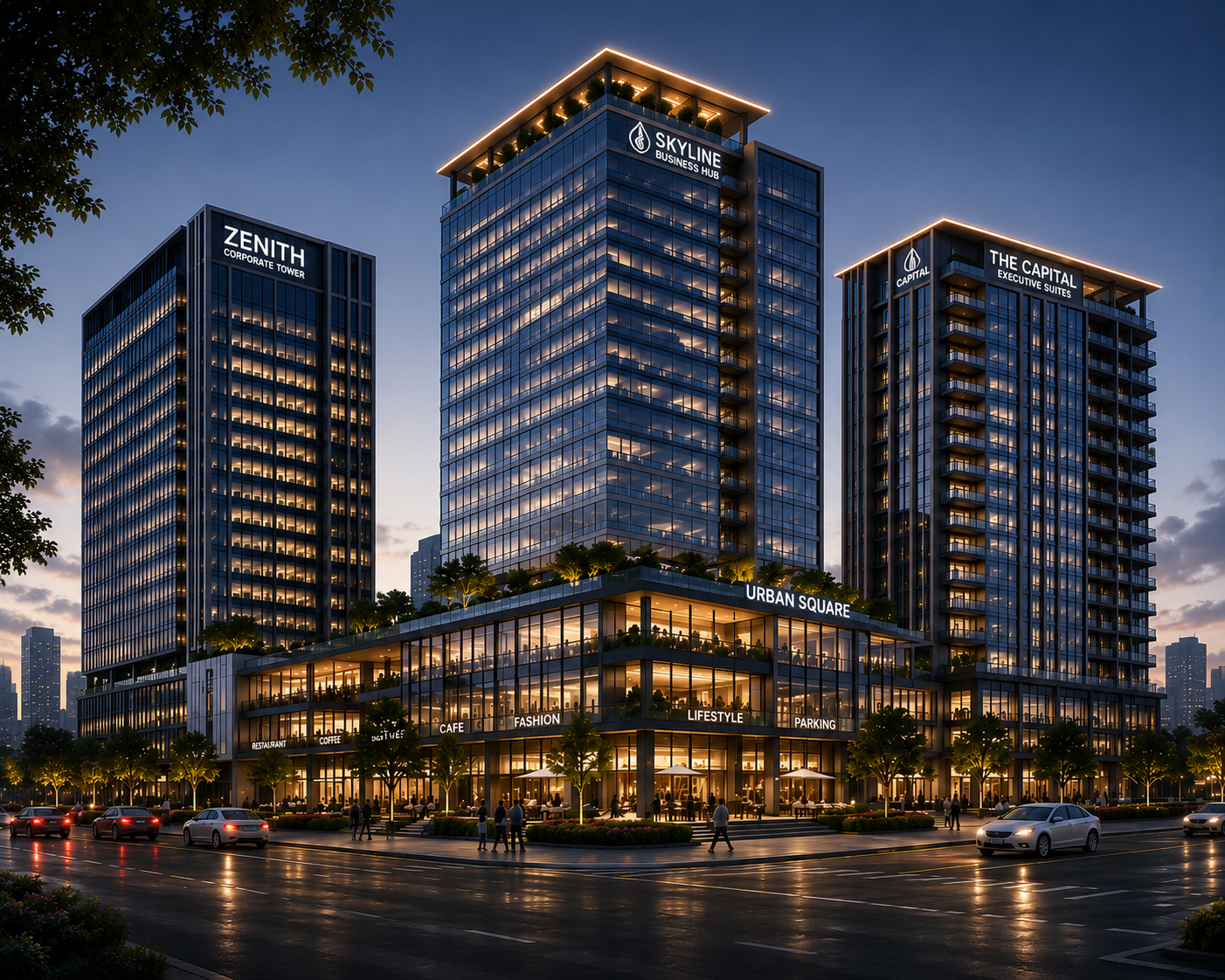 High-rise mixed use development 3D architectural walkthrough animation at dusk by Yantram Studio