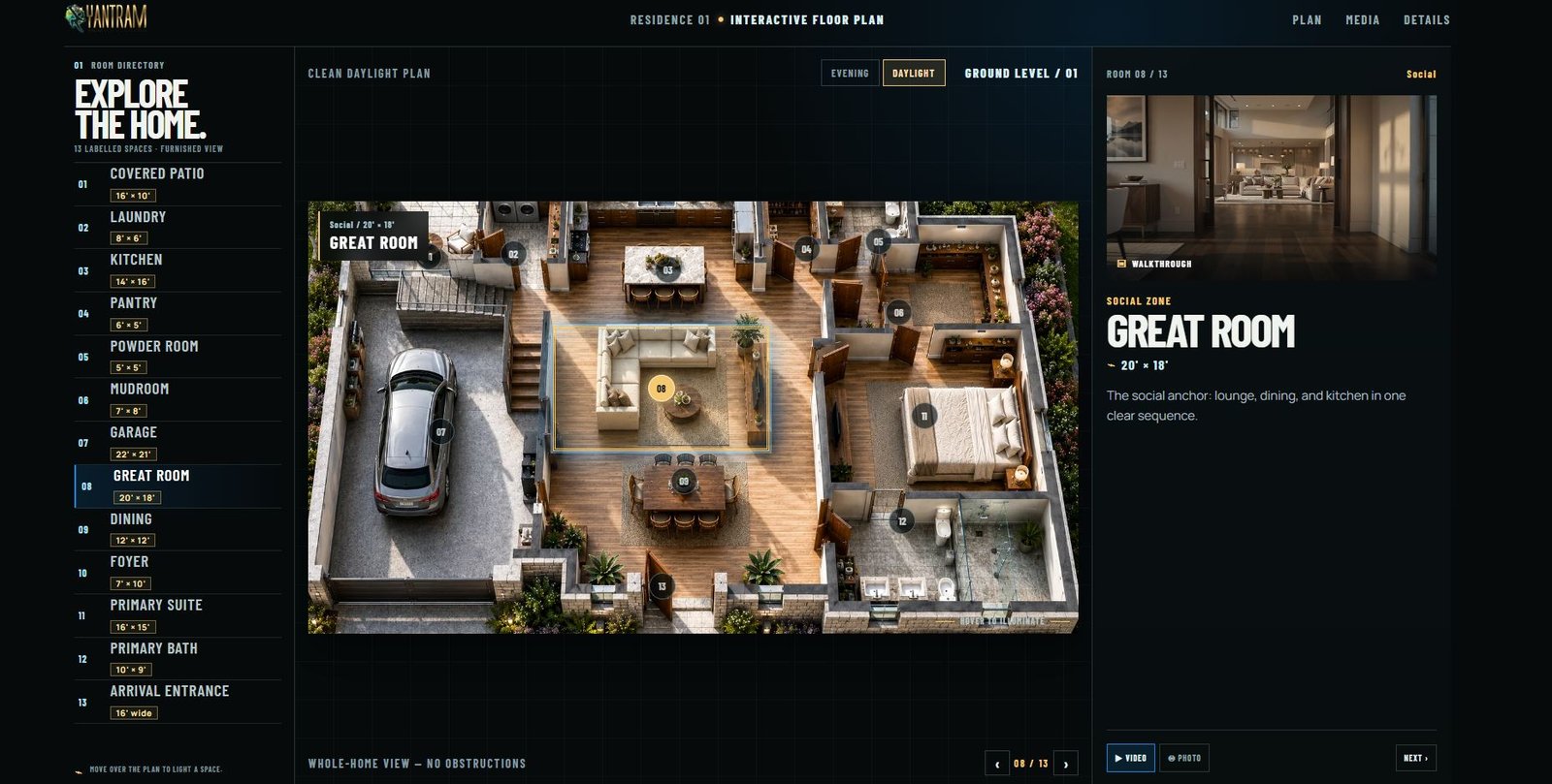 Interactive floor plan interface with room directory, numbered hotspots and room detail panel