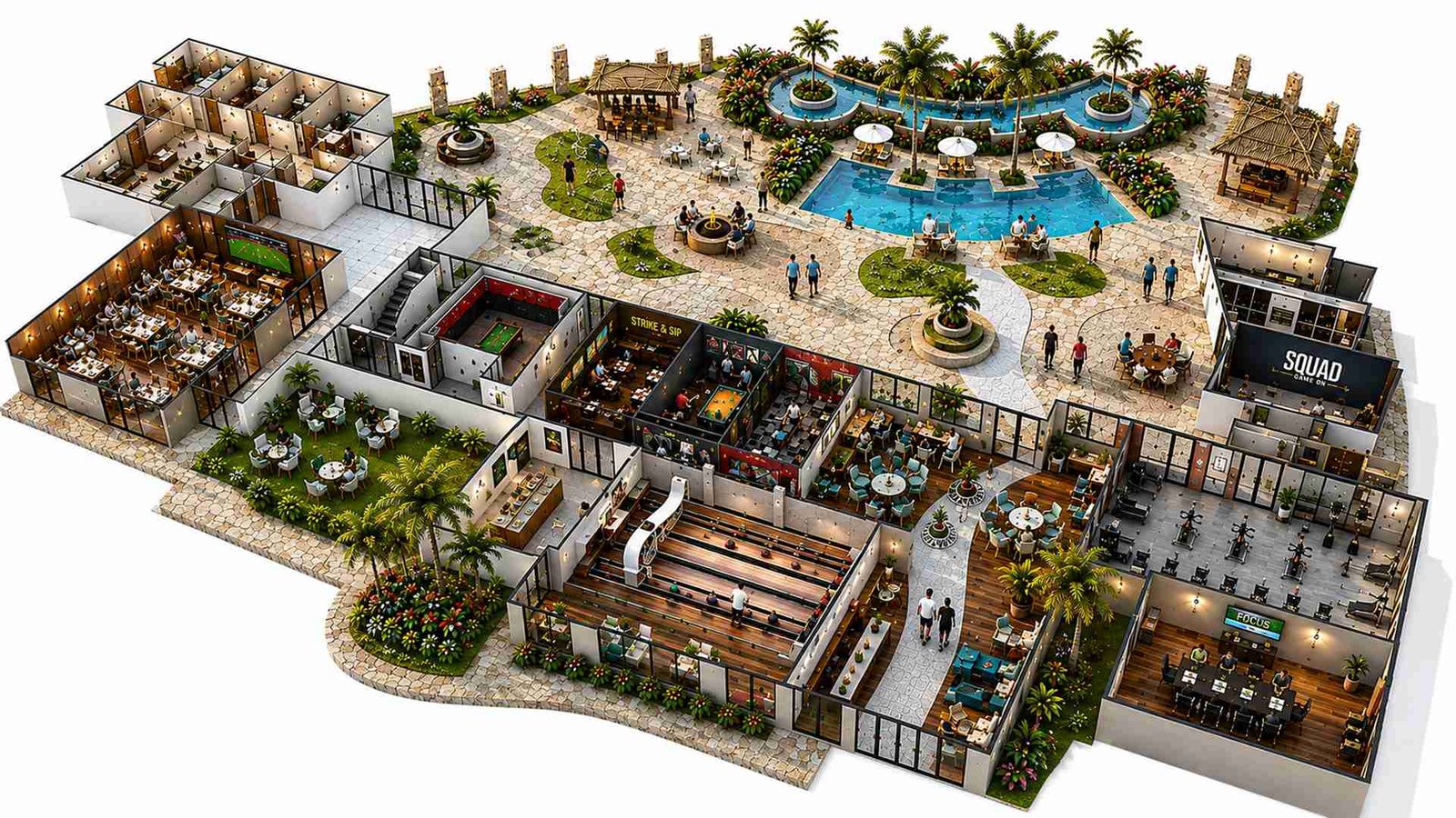 3D floor plan of a luxury resort clubhouse showing pool, lounge, spa and amenity zoning