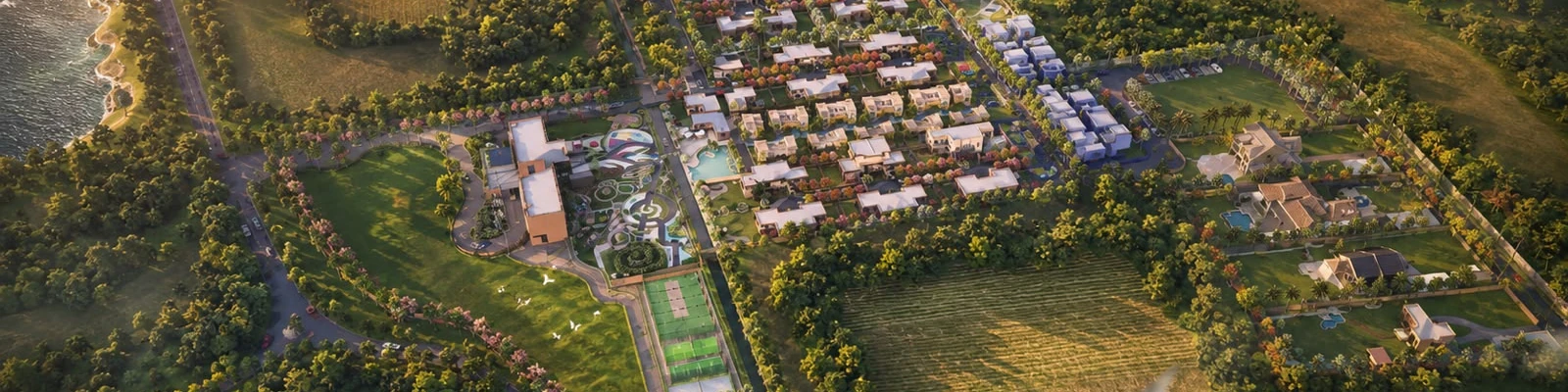 Aerial 3D rendering of a luxury resort masterplan development by Yantram