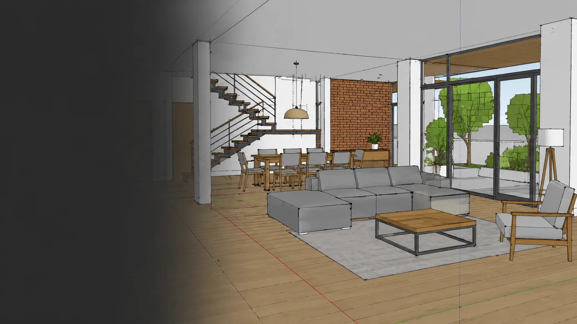 SketchUp 3D interior model of a modern open plan living room with furniture and materials applied