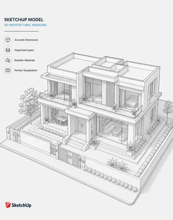 Untextured white SketchUp 3D model built from the client CAD drawings