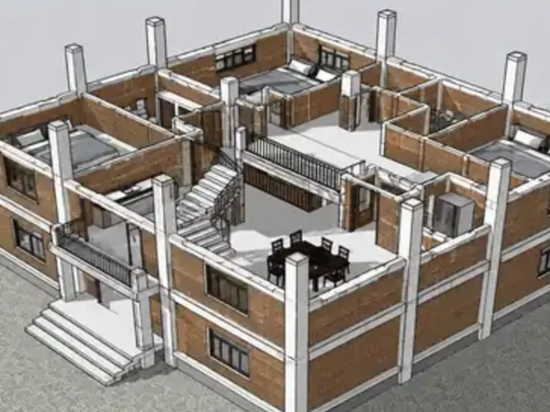 Untextured SketchUp wireframe model of a multi-storey building showing slabs and columns