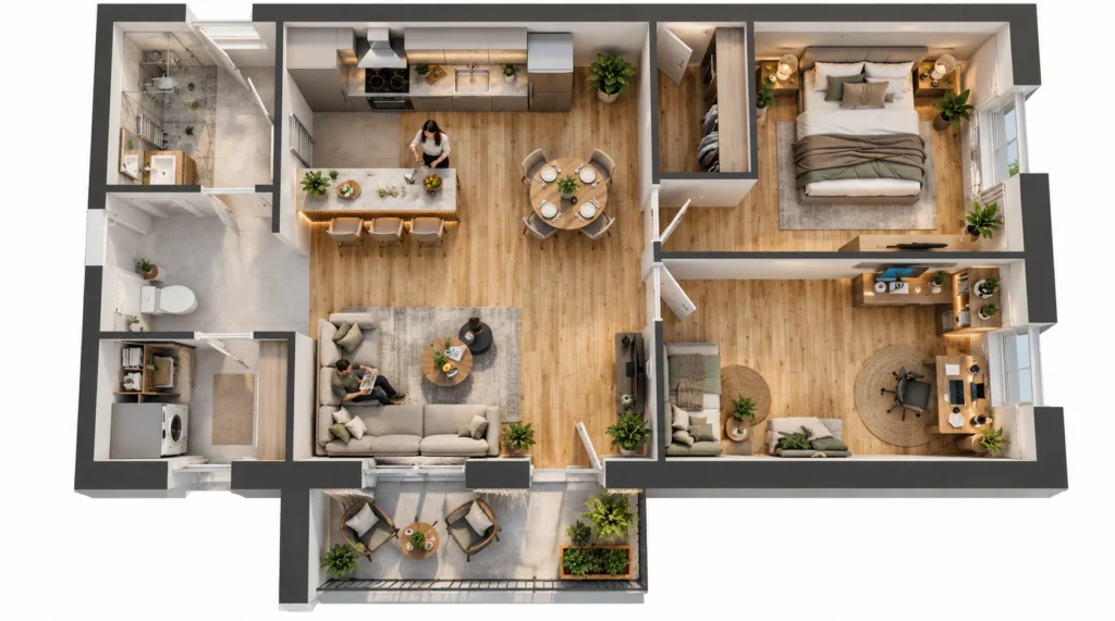 3D floor plan of modern furnished apartment layout with wooden flooring — 3D Renders Real Estate Sydney