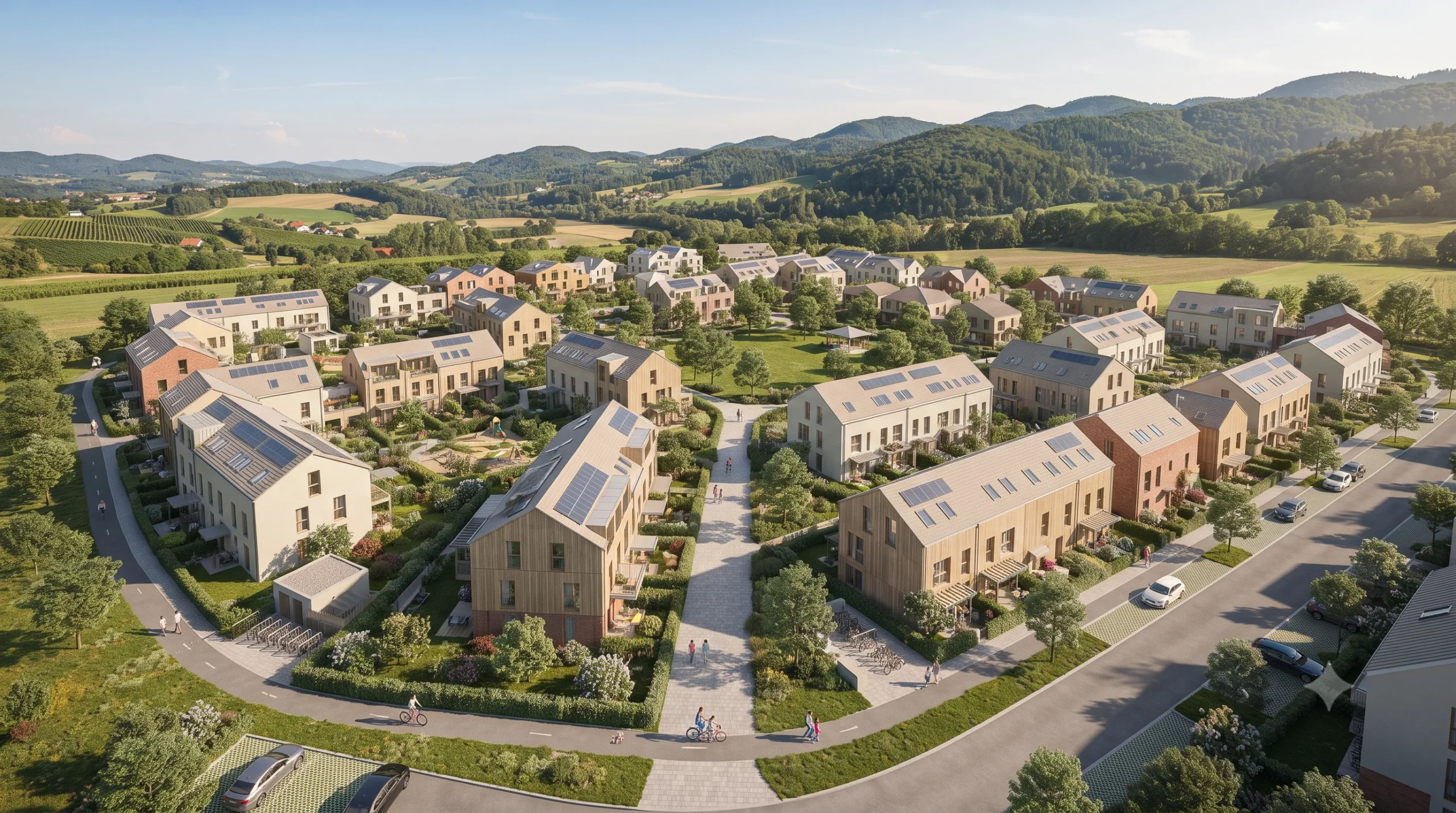 Aerial view master plan community 3d rendering Austria