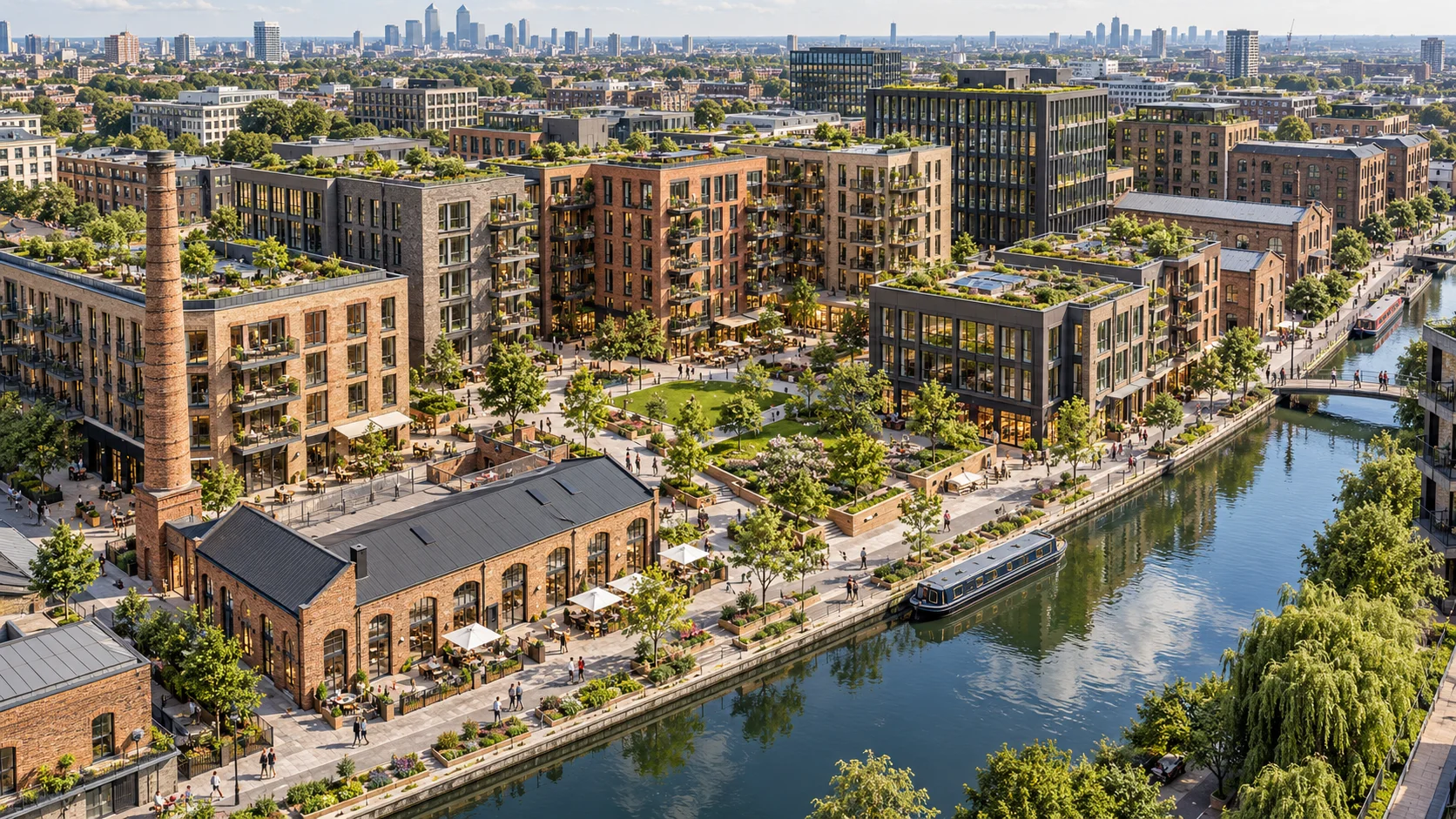 Aerial view master plan community development London UK — Visualisierung Für Bauträger