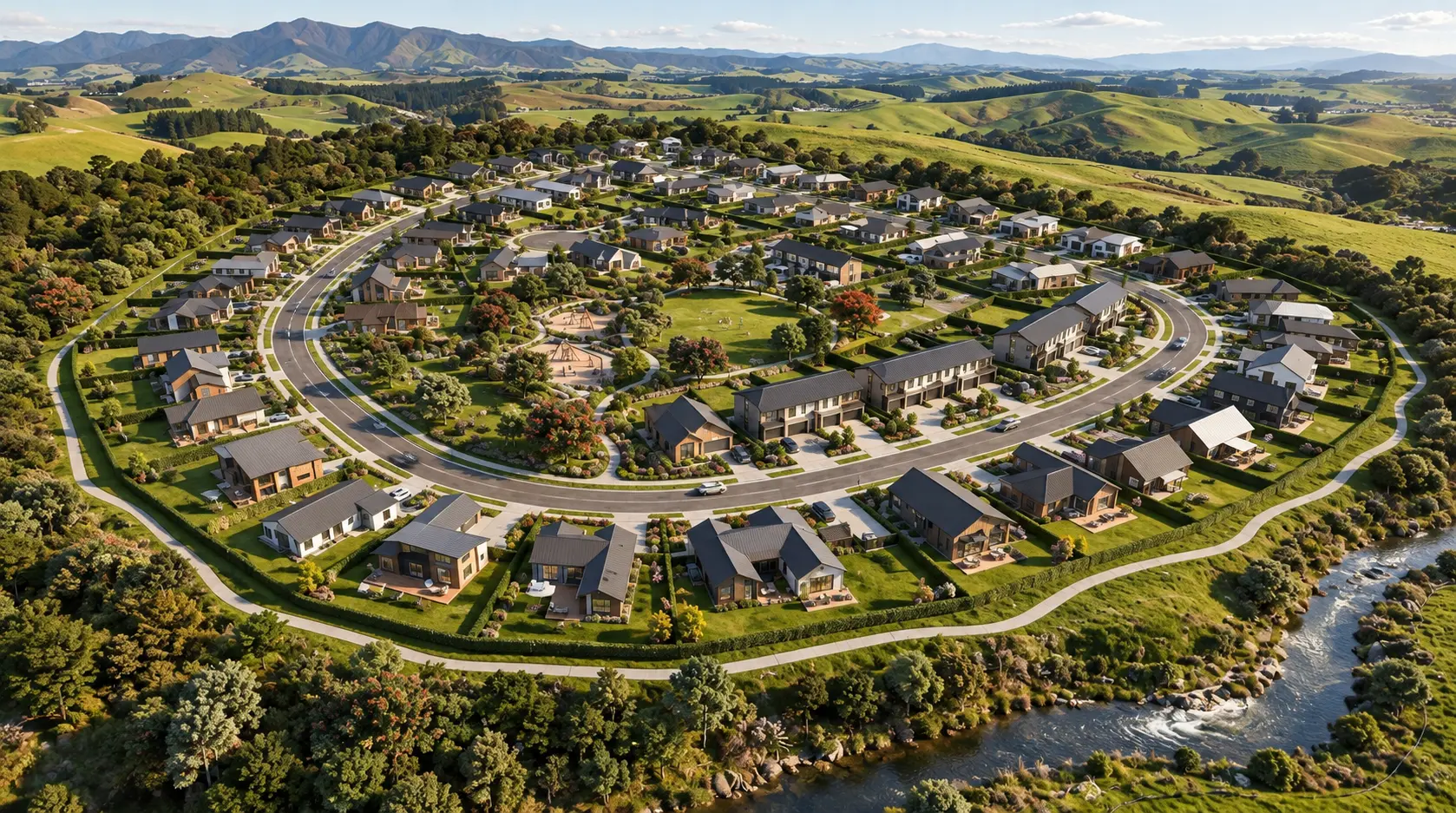 Aerial view residential community master plan showing layout and green space — 3D Renders For Developers Brisbane