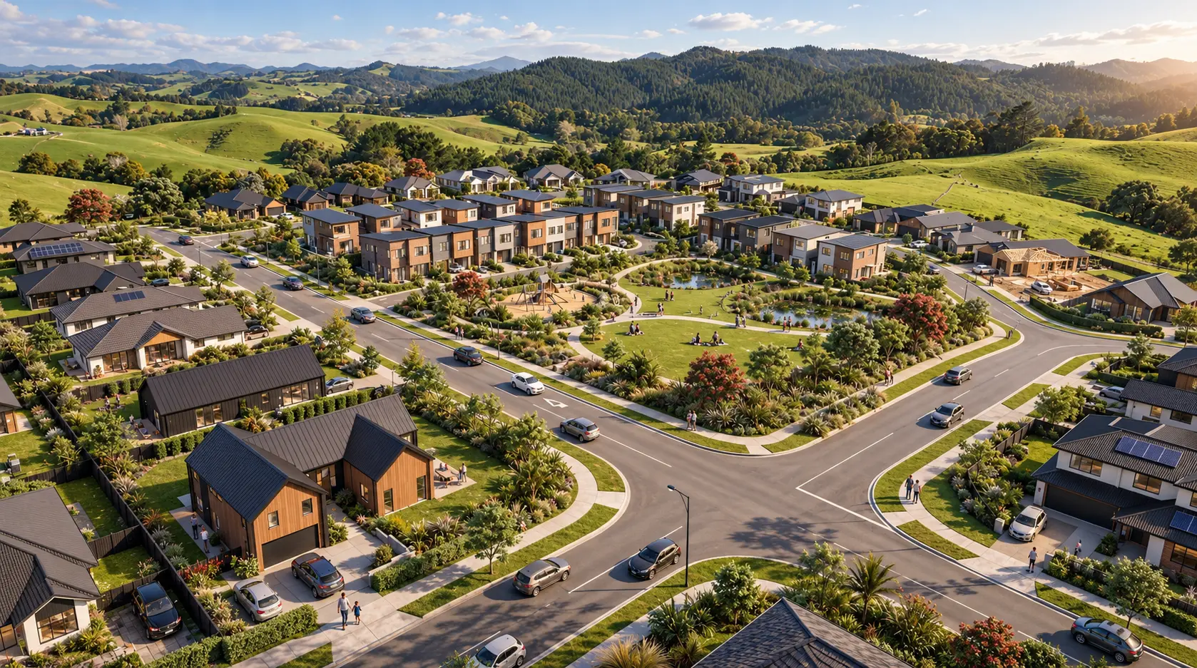 Aerial view residential master plan in New Zealand with rolling hills — Real Estate Rendering Services Wellington
