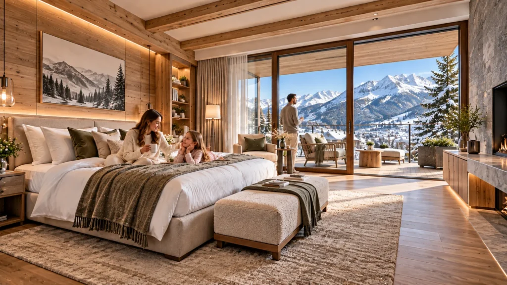 Alpine bedroom interior 3d rendering in Austria — Fotorealistische Architekturvisualisierung