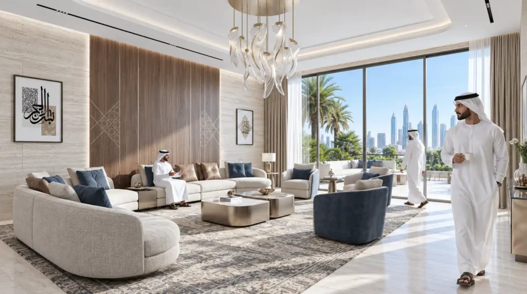 Dubai luxury interior living room rendering with skyline view — 3D Architectural Rendering Uae