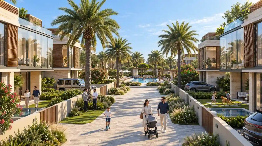 Dubai residential community 3d exterior rendering street view — Architectural Rendering Company In Dubai