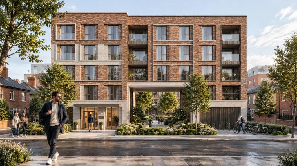 Dublin apartment building exterior visualization featuring red brick facade — Architectural Rendering Sydney