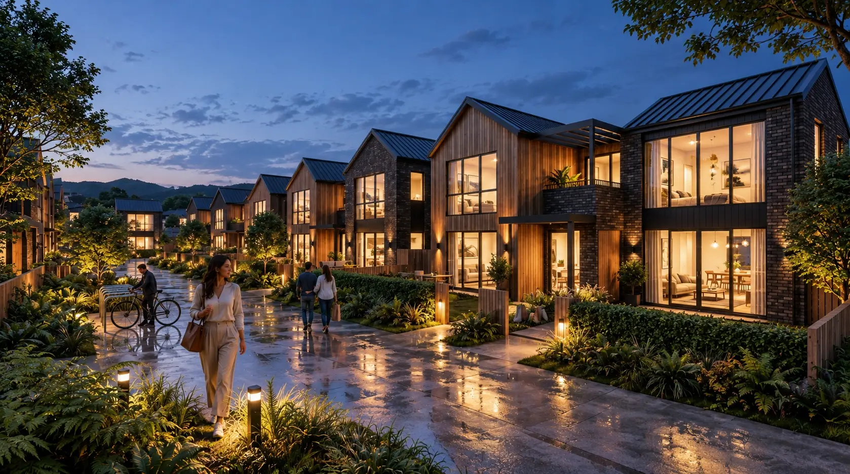 Evening view residential townhouses with warm glowing windows — 3D Renders For Developers Brisbane