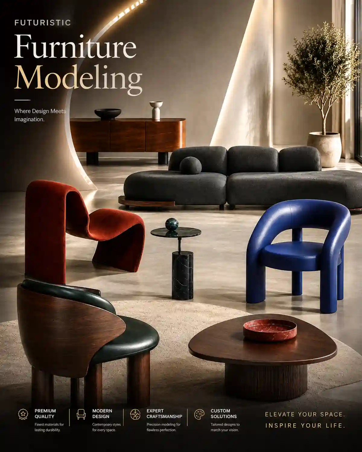 Futuristic furniture modeling collection with sofas, chairs and multiple material finishes by Yantram Studio