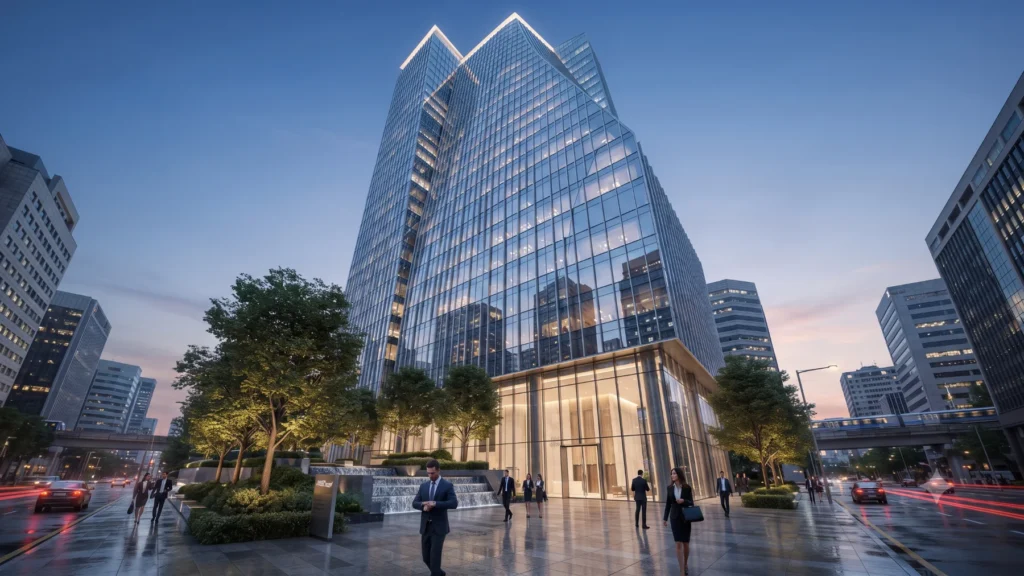 Commercial glass skyscraper office building exterior in Frankfurt Germany — Germany 3D Rendering Studio