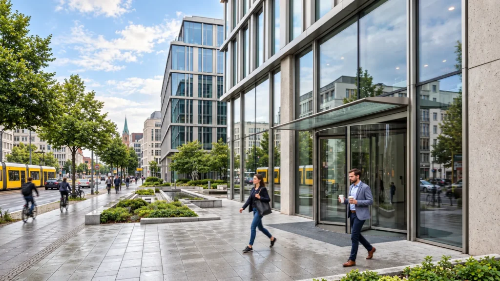 Contemporary commercial office building entrance street view in Germany — Visualisierung Architektur Company In Germany