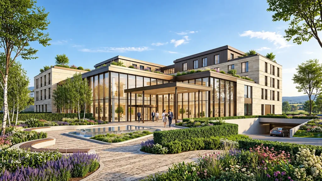 Commercial hotel architectural visualization with landscaped entrance in Germany — Visualisierung Architektur Company In Germany