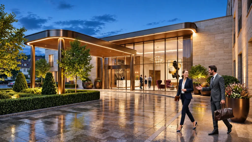 Hotel entrance visualization at dusk with warm exterior lighting — Photorealistic Visualisierung Architektur Germany