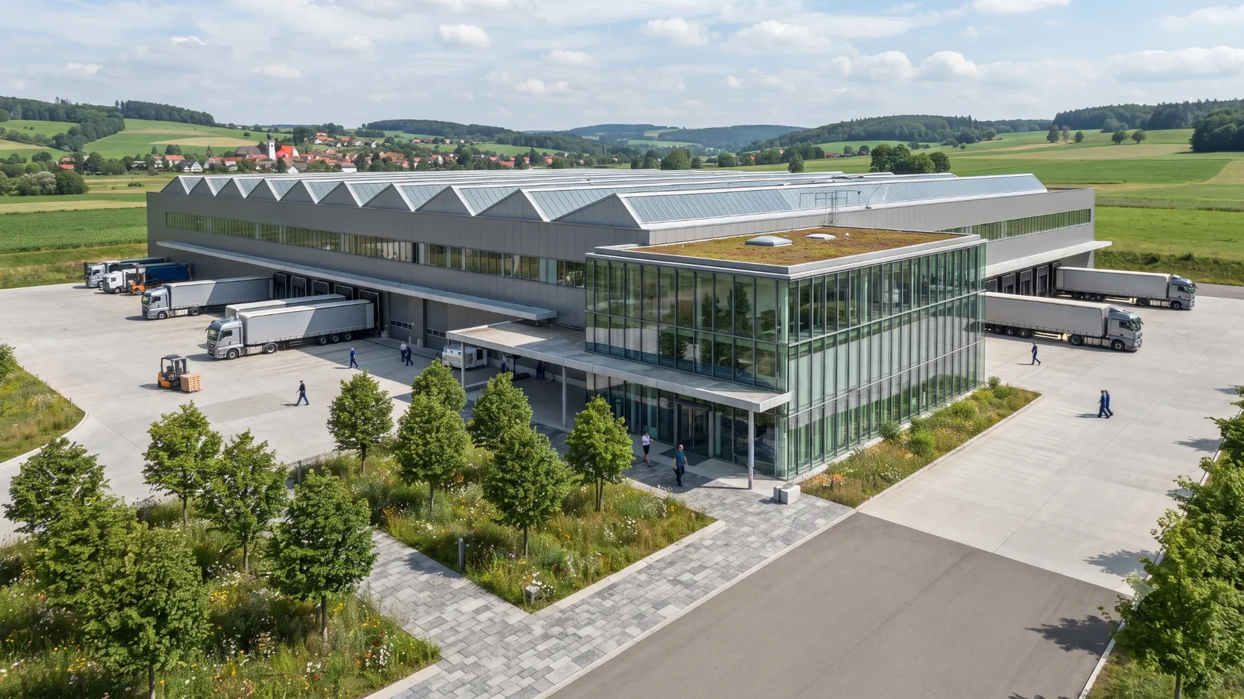Industrieanlage mit moderner Büroarchitektur und Parkplatz — Germany 3D Rendering Studio
