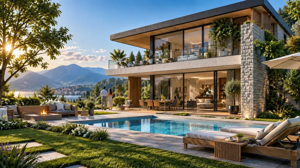 Modern luxury residential villa exterior with swimming pool in Germany — 3D Visualisierung Architektur Germany