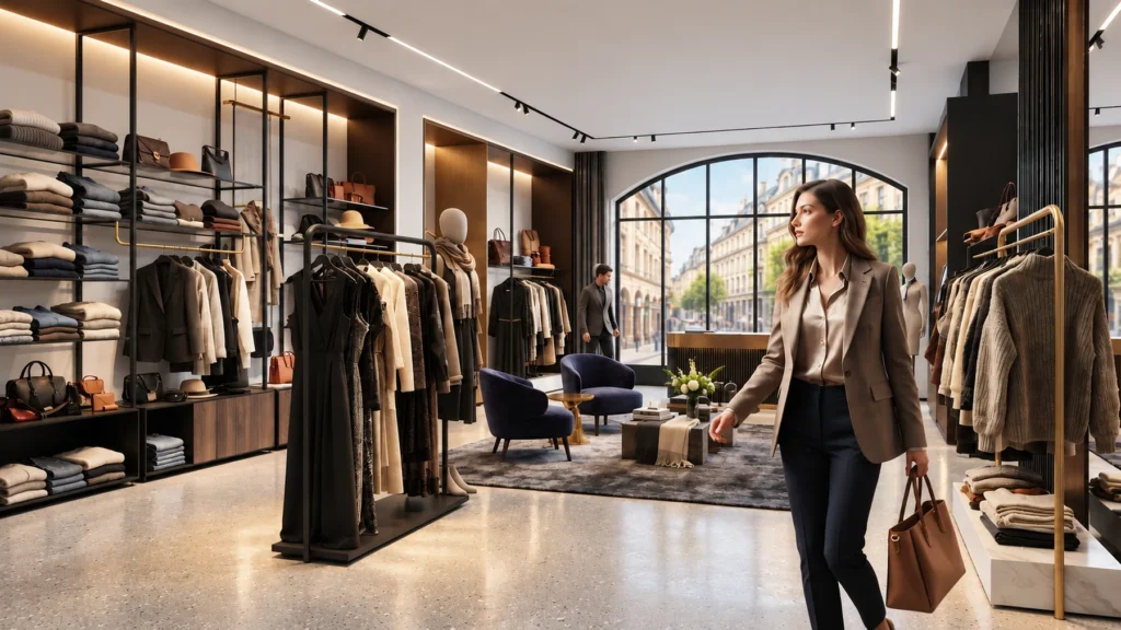 Retail clothing store interior 3D visualization with apparel racks — 3D Visualisierung Architektur Germany