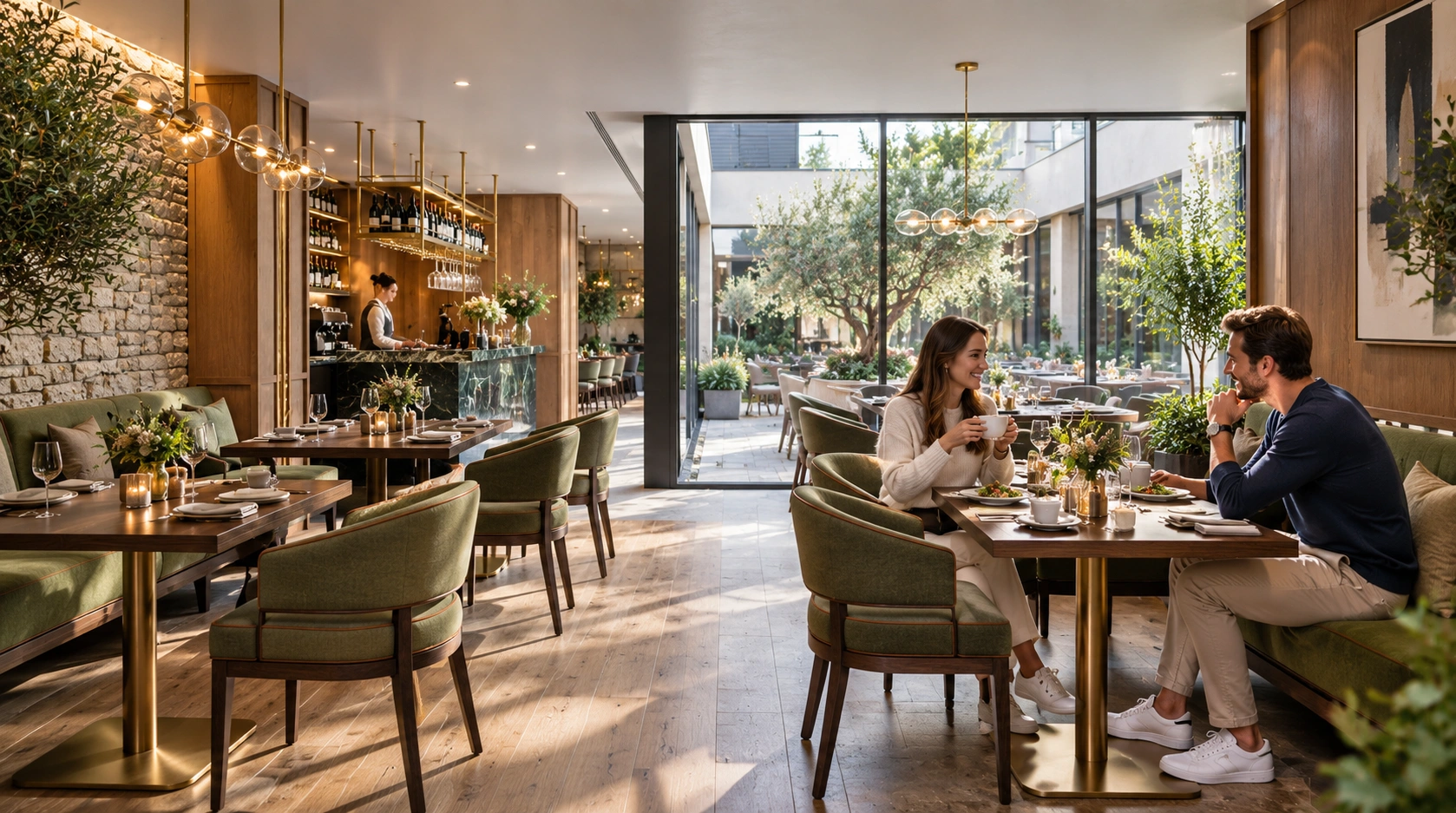Ireland boutique hotel restaurant 3d rendering with courtyard view — 3D Renders Real Estate Brisbane