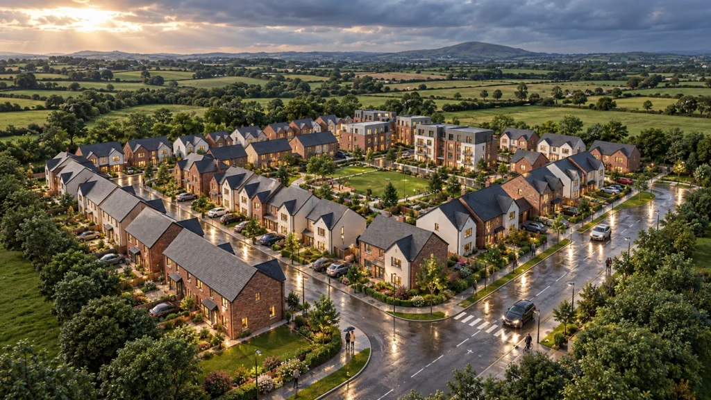 Housing development aerial master plan rendering in Ireland — 3D Exterior Interior Walkthrough Dubli