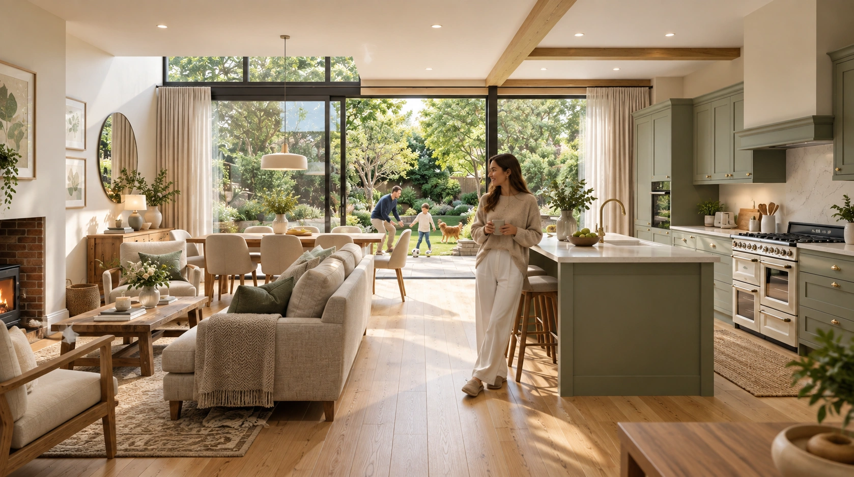 Open plan living and kitchen interior rendering with green cabinets — Real Estate 3D Animation Studio