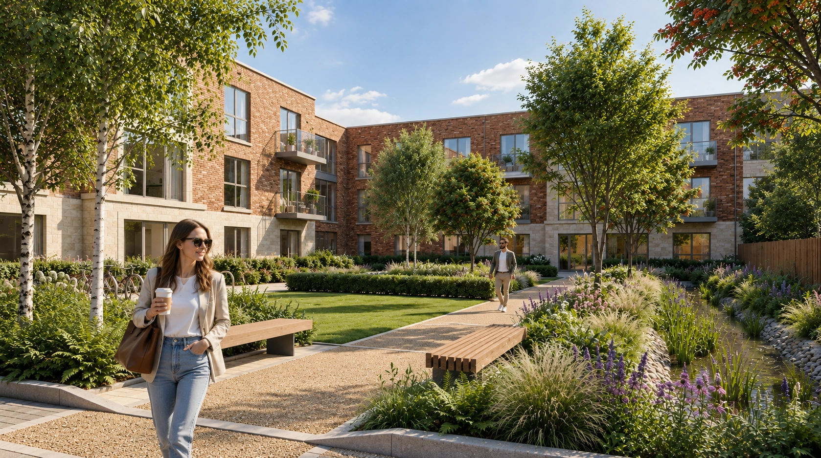Residential courtyard landscape rendering with trees and benches — 3D Exterior Interior Walkthrough Dubli