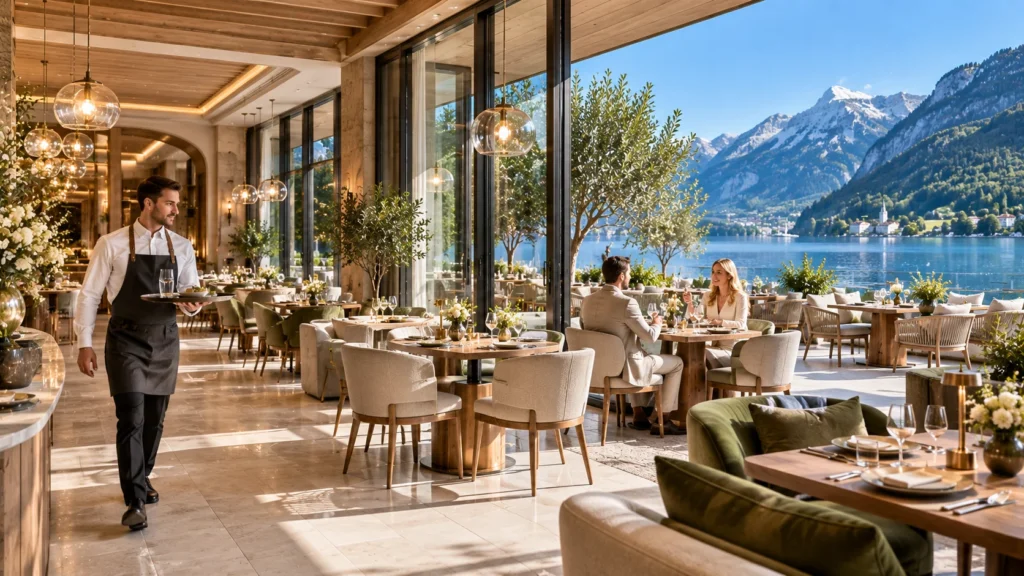 Lakeside restaurant interior 3d rendering in Austria