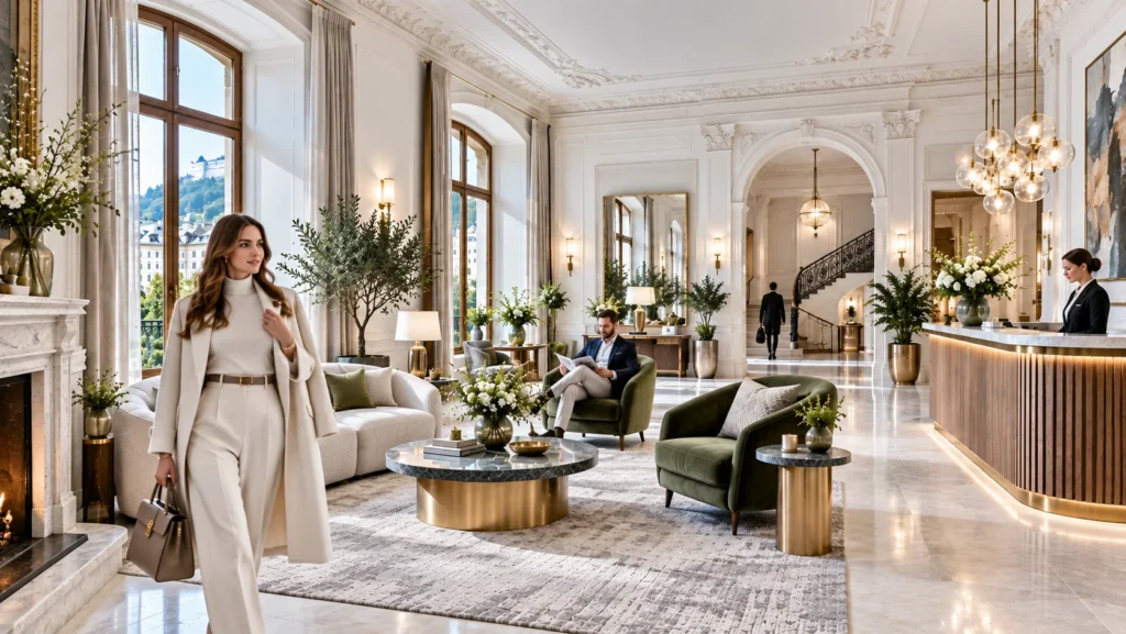 Luxury hotel lobby interior rendering in Austria