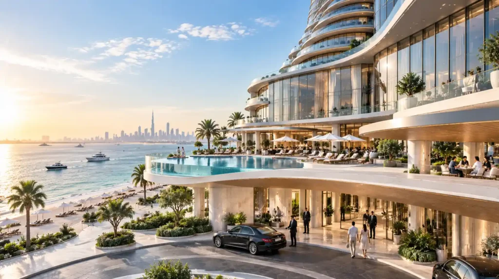 Luxury resort exterior 3d rendering in Dubai with ocean view — Photorealistic Architectural Renders Dubai