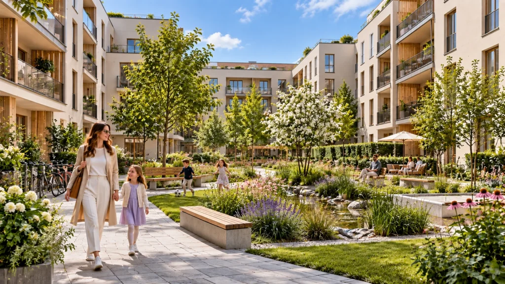 Modern apartment complex courtyard 3d rendering Austria — Immobilienvisualisierung Wien
