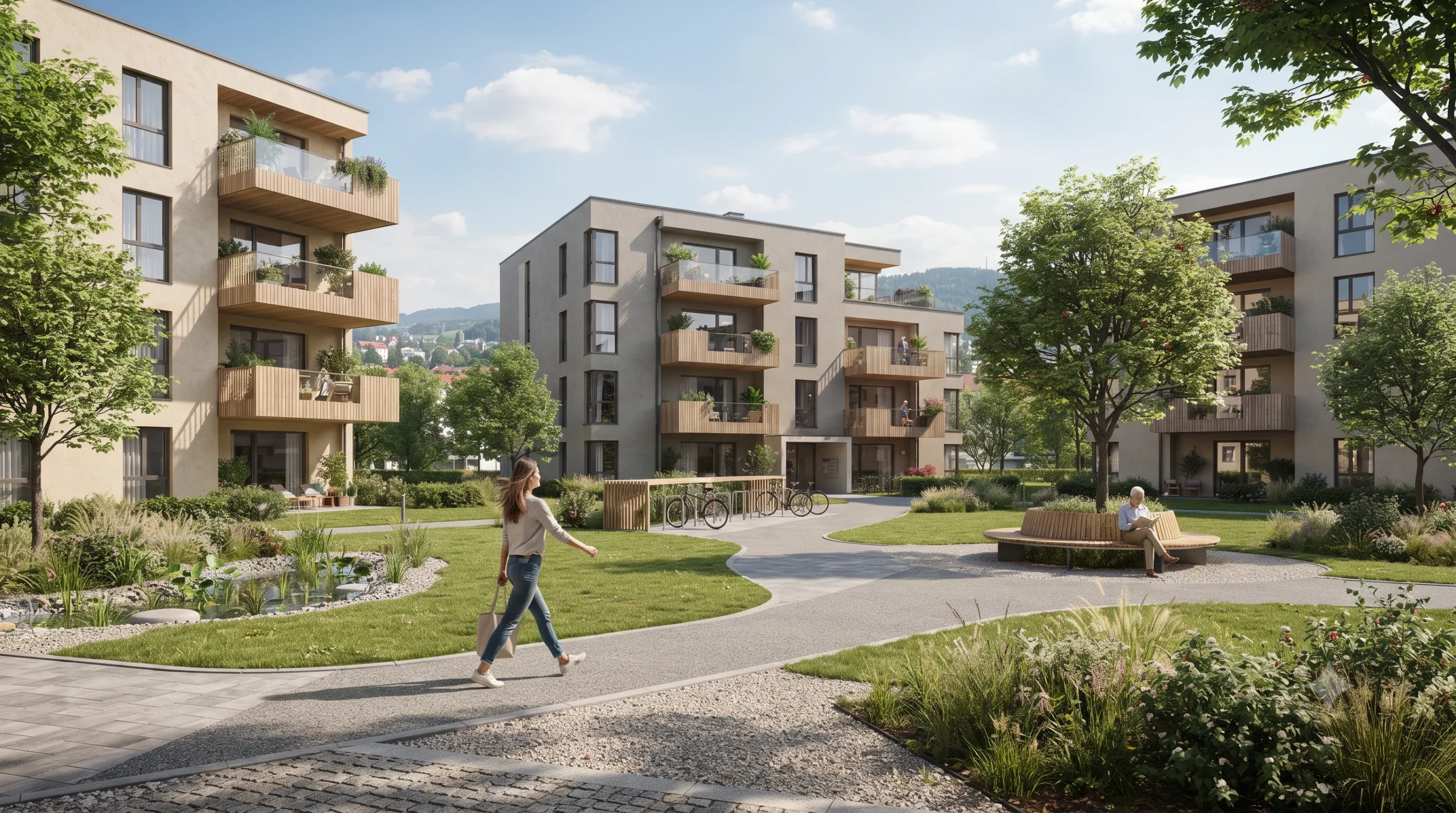 Modern apartment complex exterior rendering in Austria — Innenraumvisualisierung Wien