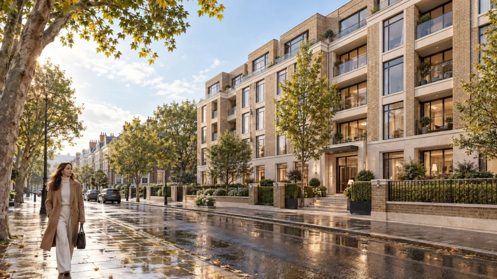 modern apartment exterior 3d rendering london uk street level view — 3D Architectural Rendering Uk London
