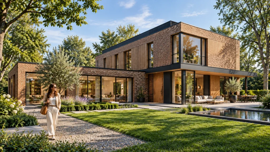 Modern brick villa exterior 3D rendering with landscaped garden and pool — 3D Visualisation Sydney
