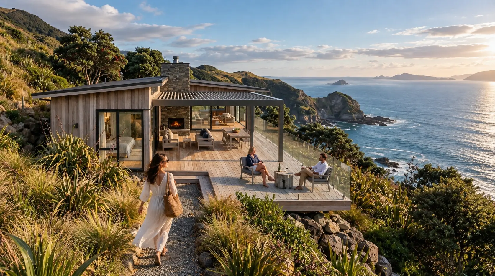 Modern coastal house exterior 3D rendering in New Zealand landscape — 3D Renders Real Estate Sydney