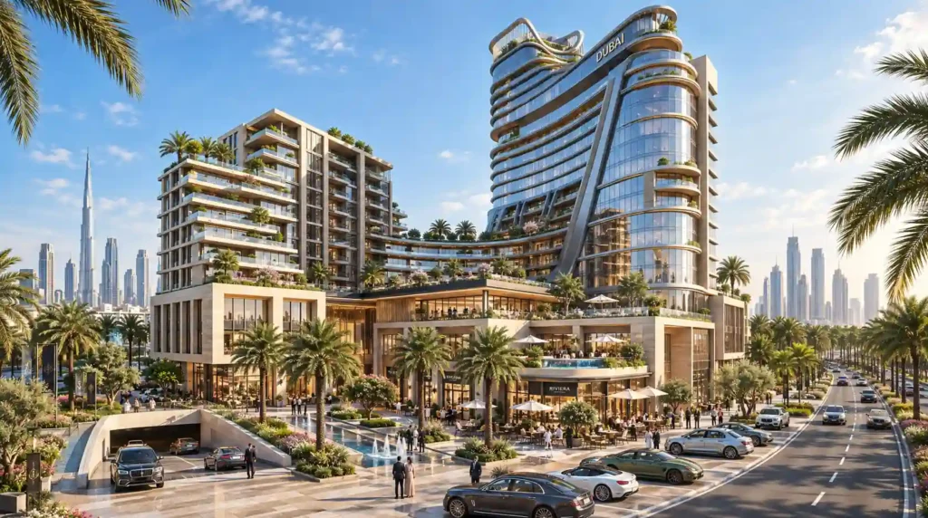 Modern commercial towers exterior 3d rendering in Dubai — 3D Architectural Visualization Dubai