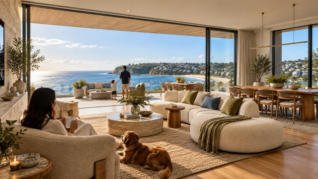 Modern luxury living room interior 3D visualization overlooking ocean horizon