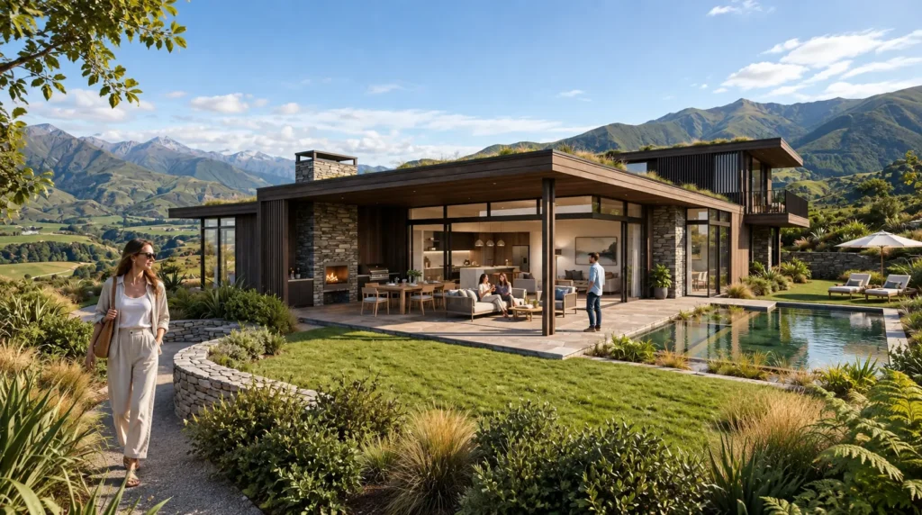 Modern mountain villa exterior rendering set in a New Zealand landscape — 3D Exterior Design Rendering Nz